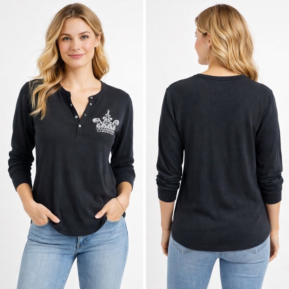 Yvette Mandell Black Crown Henley Small Embellished Rhinestones Thermal Casual